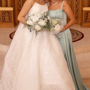 Custom Satin Sage Green Gown with side train